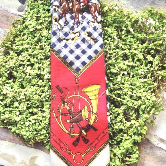 80s POLO Ralph Lauren Preppy HTF Fox Hunt HORSES Plaid Wide Collector Neck Tie - Picture 6 of 13